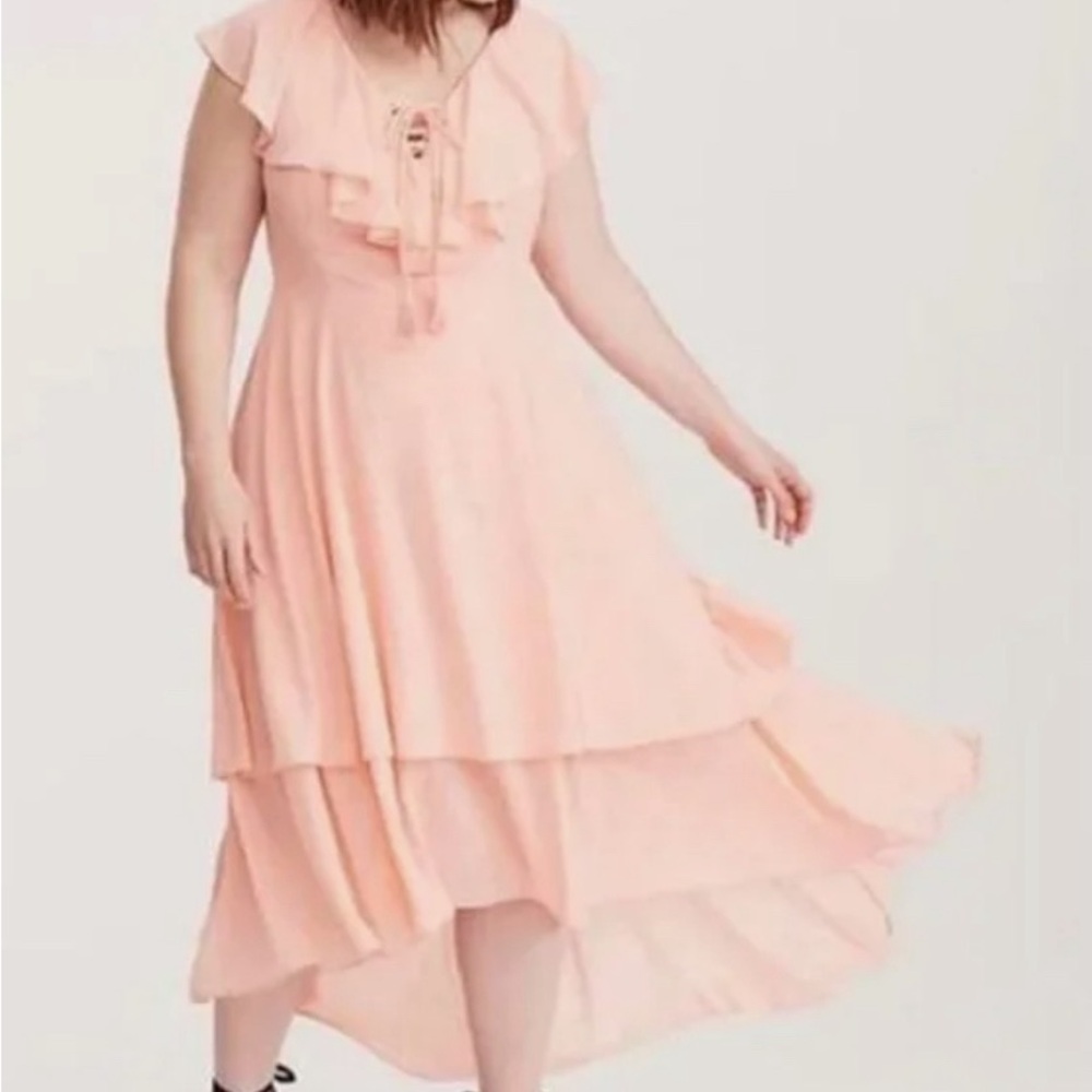 Torrid Insider Collection Lace Up Neck Ruffle Hi-Lo Tier Dress Apricot Size 16